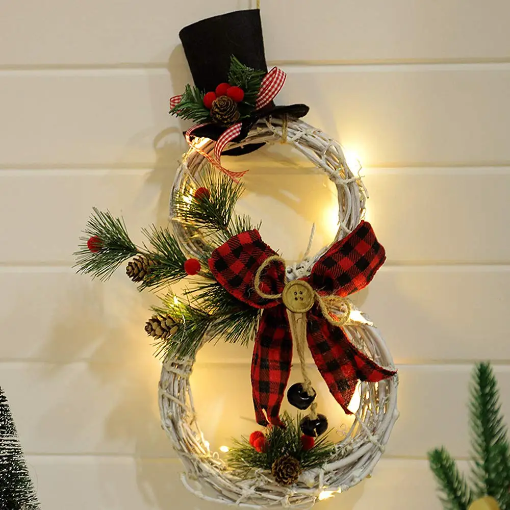 Corona de Navidad LED para puerta delantera, coronas artificiales de mu&ntilde;eco de nieve con cadena de luces LED, arco de pino, decoraci&oacute;n de patio-0