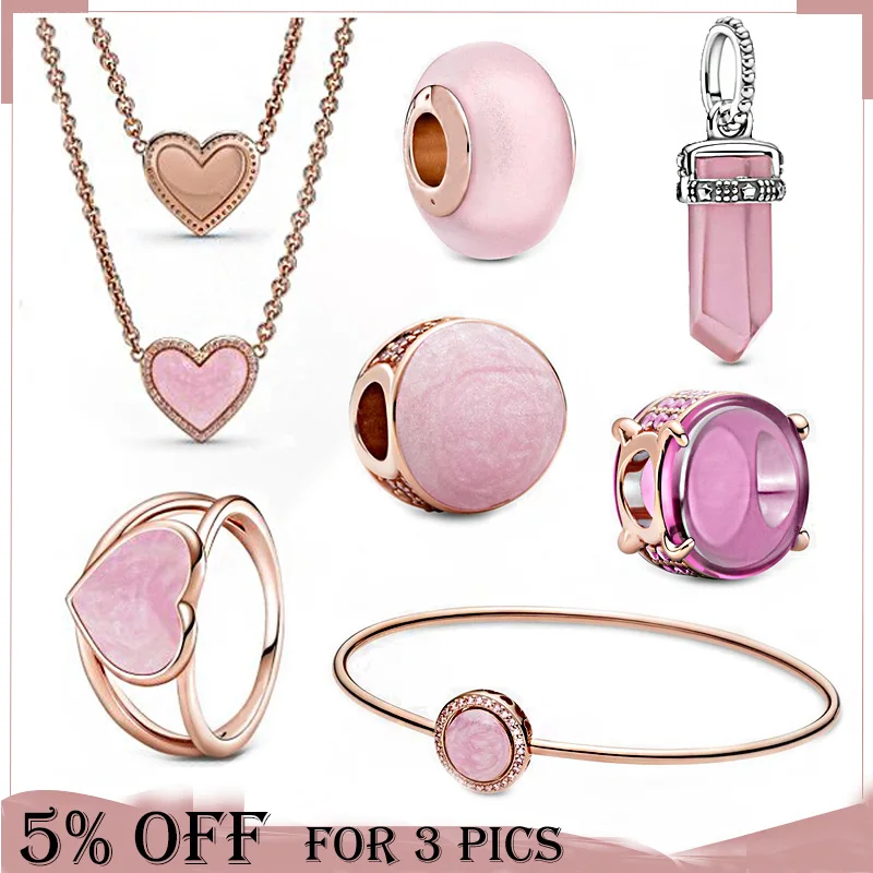 

2021 Fashion 925 Sterling Silver Bead Rose Pink Round Charm Collections Fit Original Pandora Bracelet Women Mother's Day Jewelry