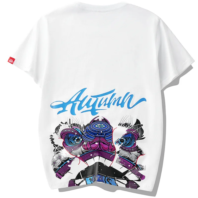 

21 spring and summer new loose plus size cotton lion dance printing men's short-sleeved T-shirt men's casual tops