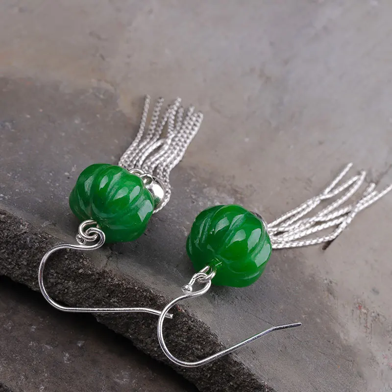 

BOCAI 100% S925 Sterling Silver Earrings Fashion Thai Silver Jasper Long Tassel Jewelry Pure Argentum Women's Gemstone Ear Drop