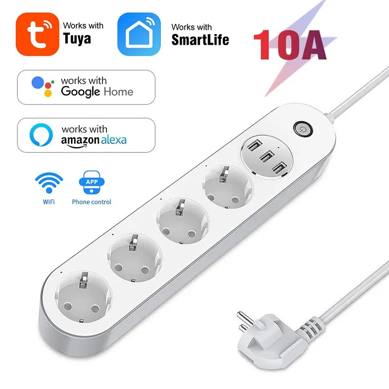 

Wifi Smart Power Strip 4 Ports EU Outlets Timer Socket With 3USB Charging Port Tuya Smart Life App Voice Control Work Alexa