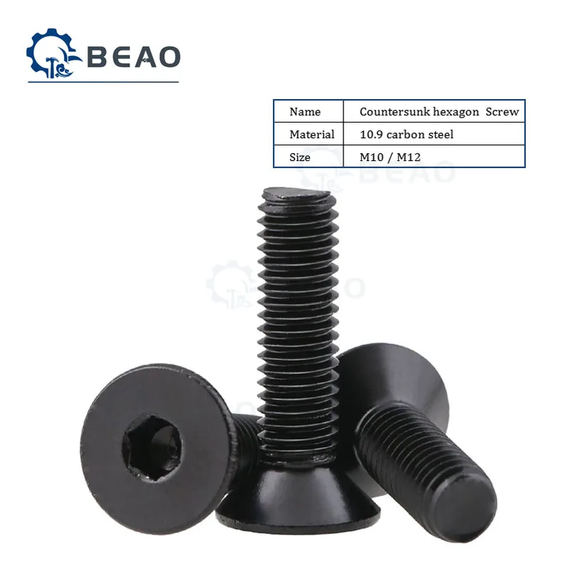 

1/2/5PCS M10 M12 Flat Head Countersunk Head Black Grade 10.9 Carbon Steel Hex Head Cap Machine Screw