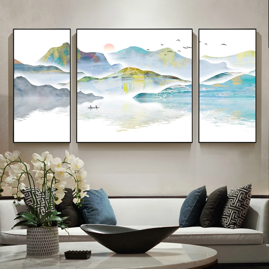 

Ink Landscape Paintings Canvas Print New Chinese Type Decorates Style Decorative Arts Pictures for Living Room Office Home Decor