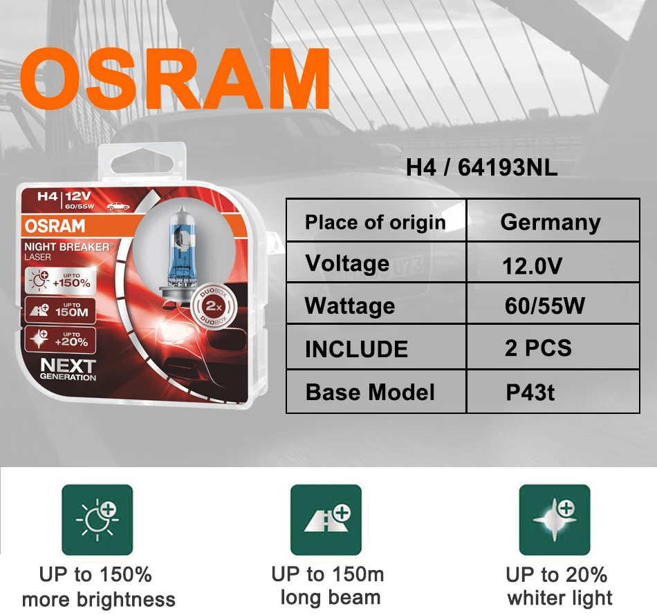 Лампа Ксеноновая OSRAM lampadine h7 H1 H4 12В 55 Вт Night breaker Лазерная фара белые Автомобильные фары лампы галогенные высокое ближнего и дальнего света лампы Лазерная 64210NL