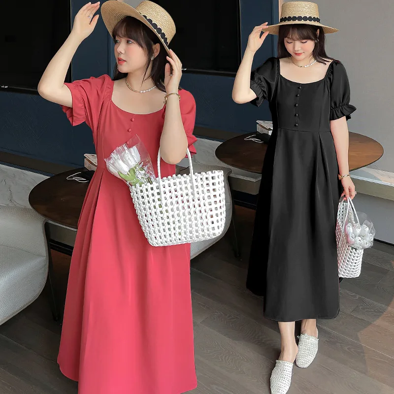 

Women's summer solid color polyester fiber square neck button puff sleeve dress plus calf length casual dress