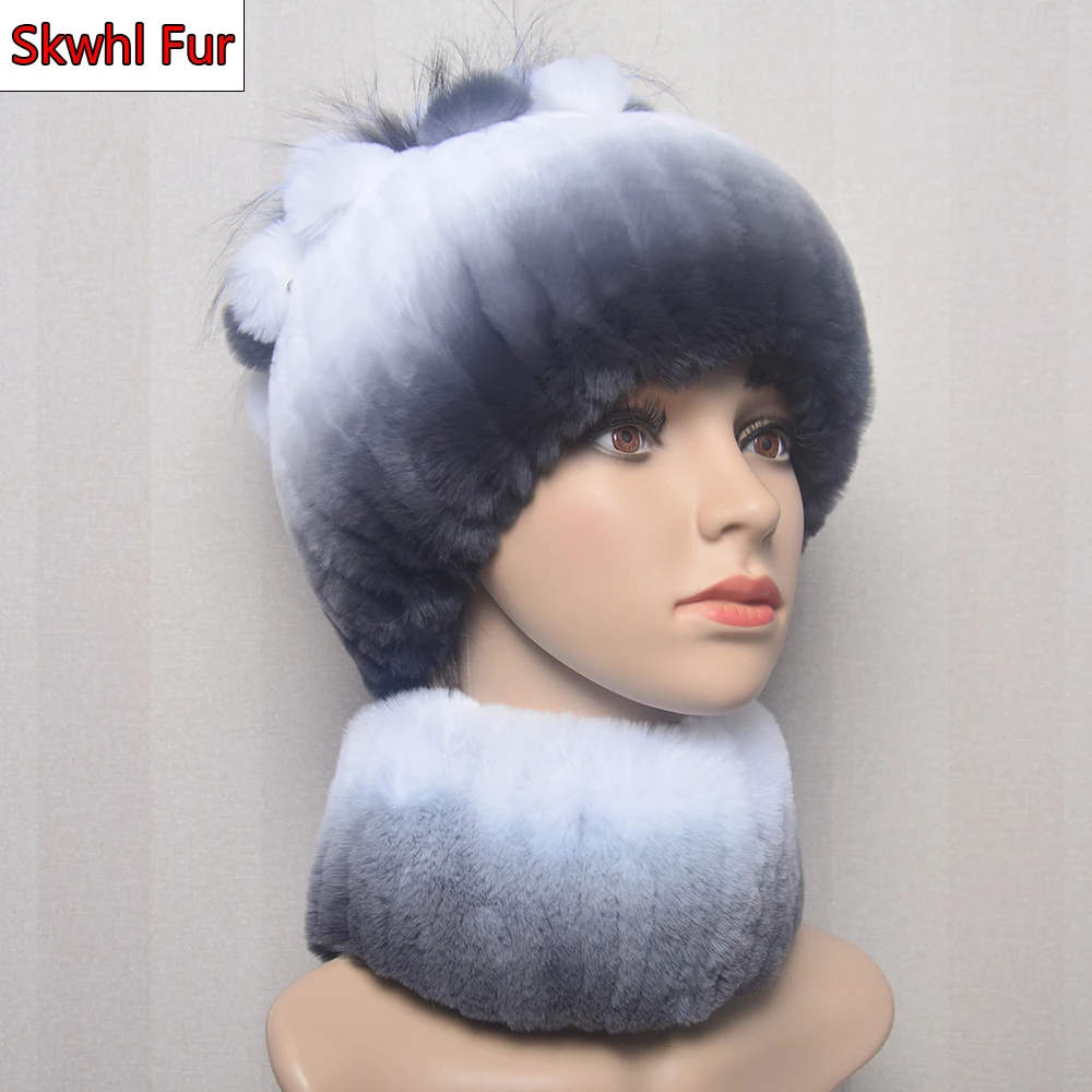 

New Style Lady Knit Fur Hats Muffler 2 Pieces Women Warm Rex Rabbit Fur Hat Scarf Sets Winter Natural Rex Rabbit Fur Cap Scarves