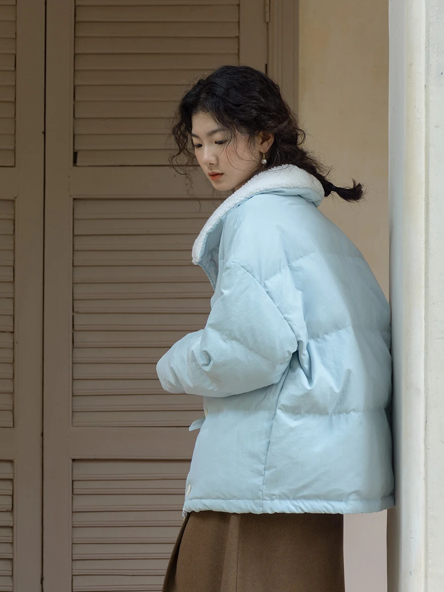 Baby Blue Lambswool Collar down Jacket 90 White Duck down Cute Short Women's Warm Coat Winter New