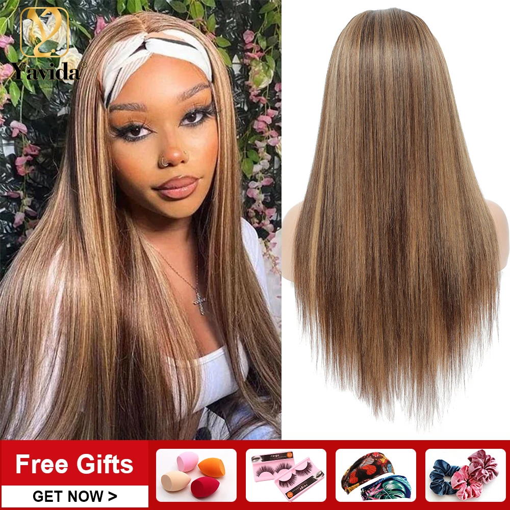 

Прямые человеческие волосы Реми, парик с головной повязкой для женщин, парики с эффектом деграде, медовый блонд, 4/30/27 цвета, бразильские пари...