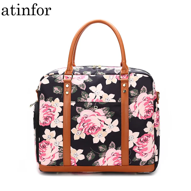 

Women Travel Bag Ladies Waterproof Canvas Printing Weekend Bag Overnight Carry on Tote Duffel in Trolley Handle