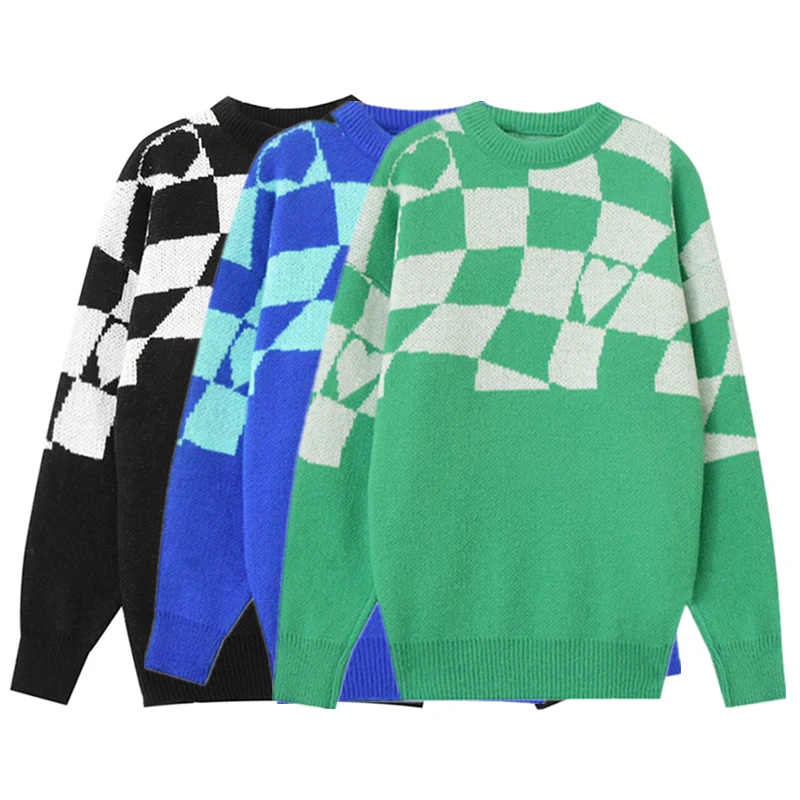 

Checkerboard Love Sweater Knitwear Female Design Sense Niche Loose Retro Port Style Winter New Bottoming Long Sleeve Tops Women