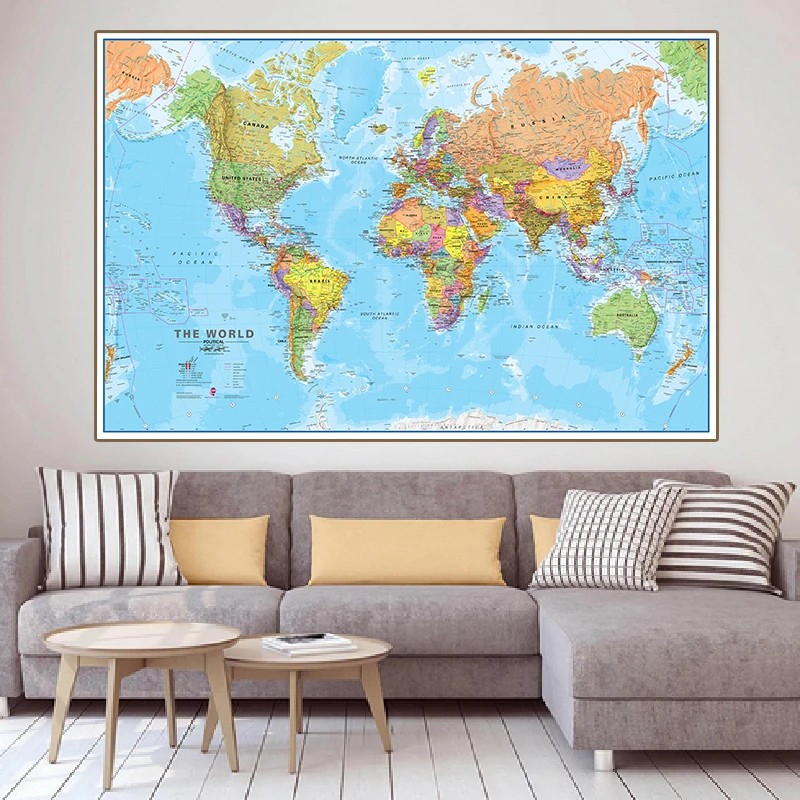 

The World Political Map 5 Sizes Wall Art Poster Vinyl Canvas Paintings Living Room Classroom Home Decor Children School Supplies