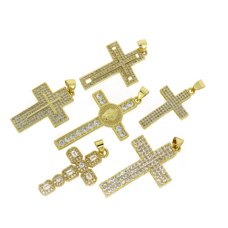 

5PCS Classic Vintage Pave Cubic Zirconia Religious Gold Cross Crystal Pendant Wholesale Necklace For DIY Making Jewelry Findings