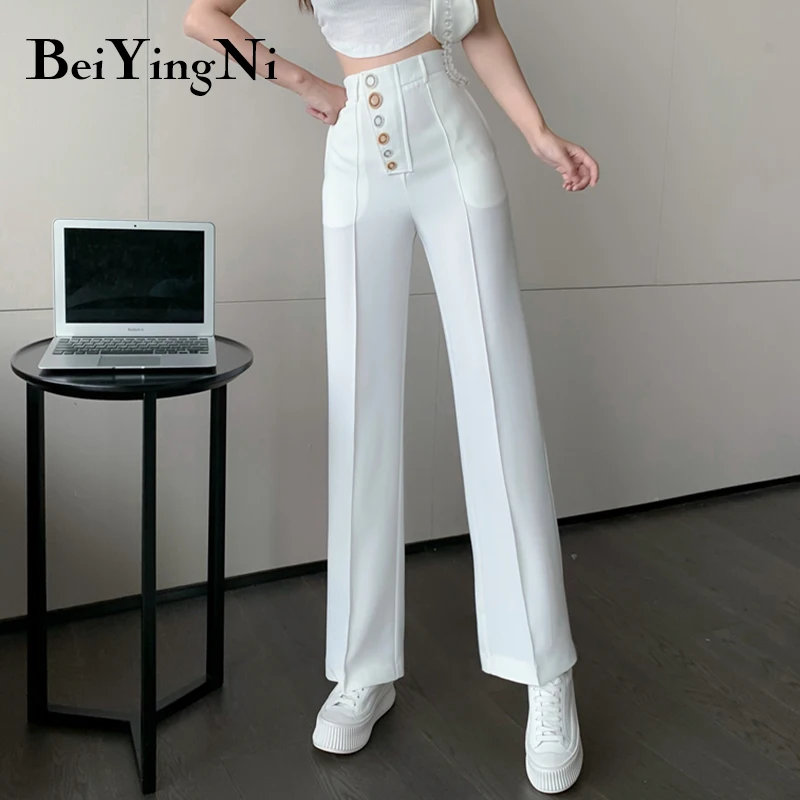 

Beiyingni Womens Suits Pants 2021 Summer Korean Office Ladies Buttons Vintage Harajuku Trousers Female Chic Capris Trouser Woman
