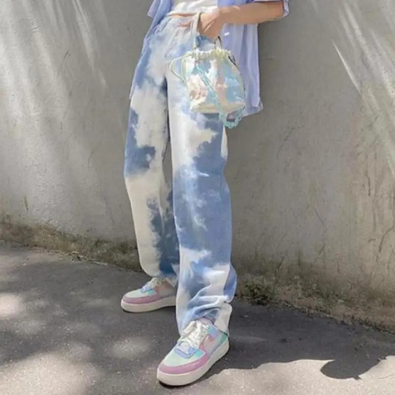 

«Вареный» с завышенной талией и принтом мешковатые джинсы в винтажном стиле для женщин осень 2020 Y2k 90s уличная одежда широкие брюки синего цв...