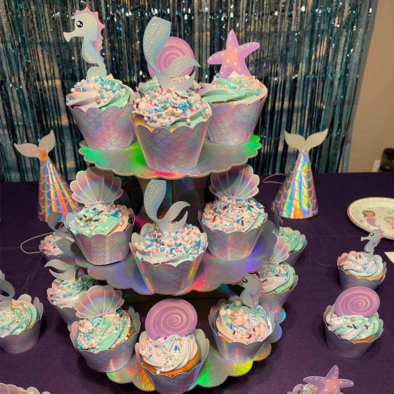 

20 Sets Mermaid Cupcake Wrappers Hippocampus starfish ocean shell Princess Birthday Party Decoration Girl Baby Shower Cake Decor