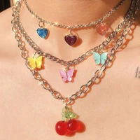 aesthetic hip hop harajuku metal butterfly chain multi color cherry jewelry vintage love rhinestone y2k necklace for egirl party