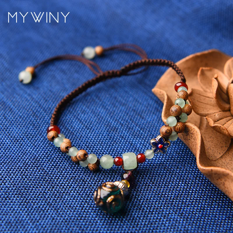 MYWINY Old Fashion nature stones ethnic Anklets vintage Manual coloured glaze handmade braided exotic jewelry | Украшения и