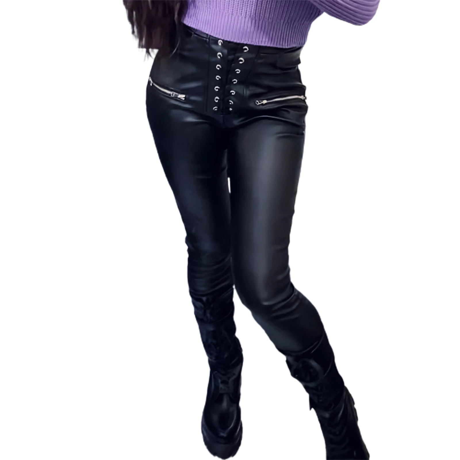 

Black Faux PU Leather Pencil Pants with Zip Lace Up High Waist Slim Skinny Trousers Streetwear Autumn Casual Sexy Pants Female