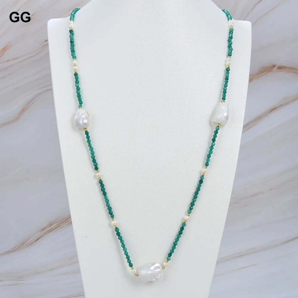 

GuaiGuai Jewelry Freshwater White Keshi Baroque Pearl Green Agates Gems Stone Long Necklace For Women