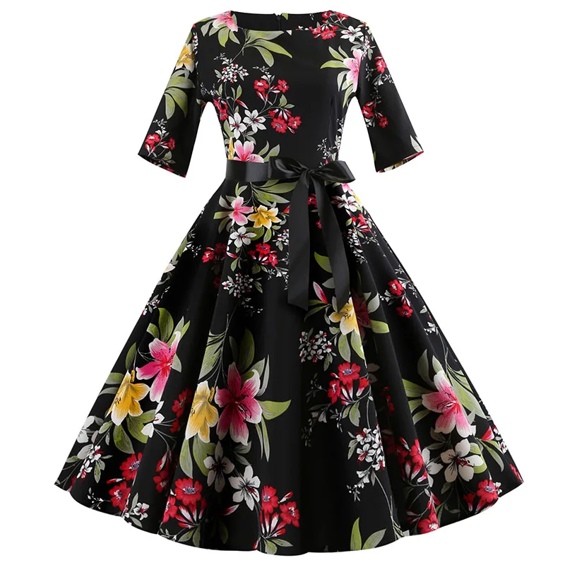 

Women Winter Christma Vintage Dress Floral Elegant Long Sleeve s Half Sleeve Party Swing Casual Plus Size jurken