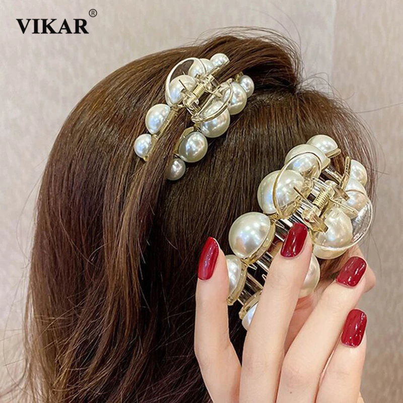 

Women Elegant Imitation Pearls Hair Claws Clips Girls Horsetail Clip Kids Geometric Acrylic Hairpins Crab Retro Hair Accessorie