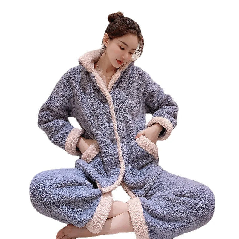 

Пижама из кораллового бархата Женская осенне-зимняя плюшевая утолщенная теплая с длинными рукавами можно носить фланелевый домашний костю...