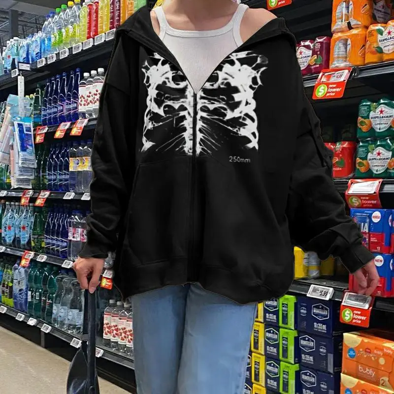 

HEZIOWYUN Women Y2K Hooded Sweater Adults Skeleton Print Long Sleeve Zipper Cardigan with Drawstring Pocket Hoodies Coats