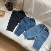 2020 autumn new boys and girls japanese and korean style simple personality raw edge leg casual all match jeans