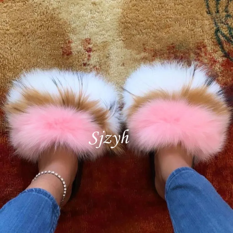 

Wholesale Summer Plush Sandals Cute Rainbow Furry Slides Indoor Home Shoes Girl Luxury Fluffy Fur Slippers Fox Fur Flip Flops