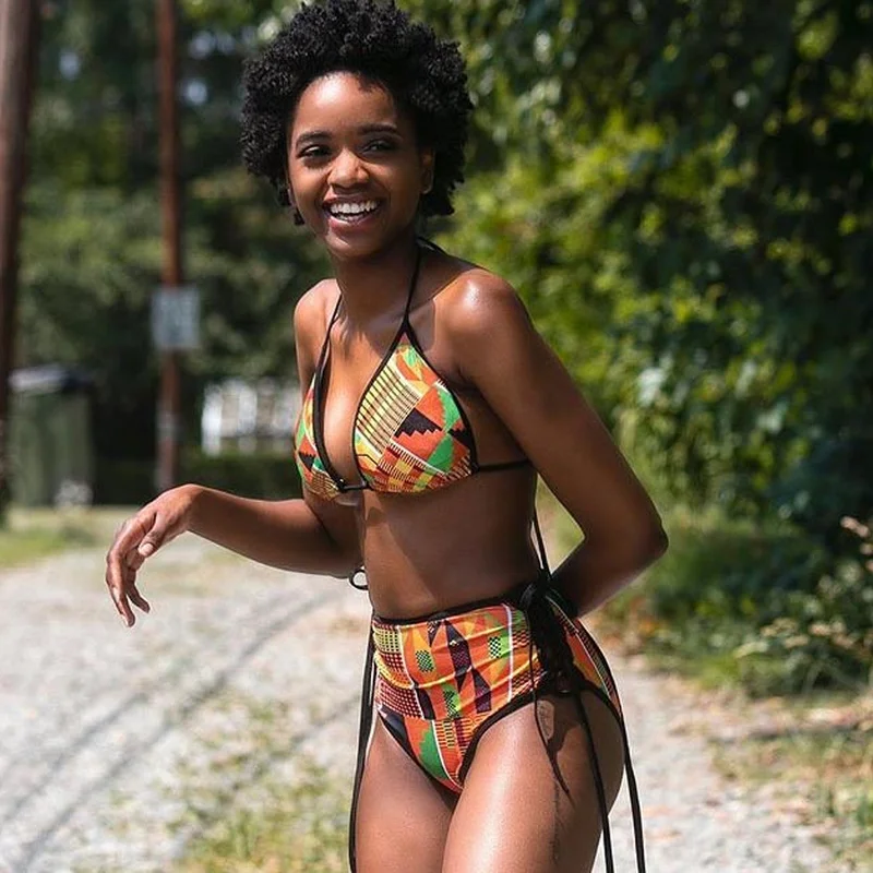 

African Print Style Swimwear High Waist Bikini Set Lace Up Swimsuit Triangle Swim Bathing Suit Female Bandage Beachwear Badpak
