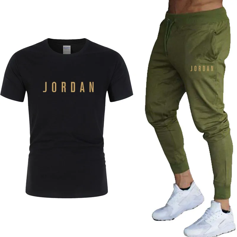 

2021 New brand Fashion Sports T-shirt Men's Summer Short-Sleeved Sports Suit T-shirt + TrousersPure Cotton Exquisite Workmanship