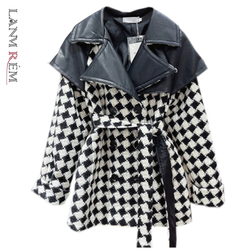 

LANMREM 2022 Autumn Winter New PU Leather Woolen Jacket Women Long Sleeve Bandage Thickened Stitching Coat Female Fashion 2W1350