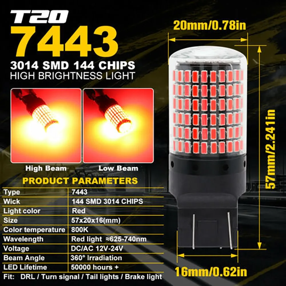 

7440 7443 T20 LED 144SMD Light Bulbs Brake Parking Tail Car Decor High Quality 3014 LED Red Trim