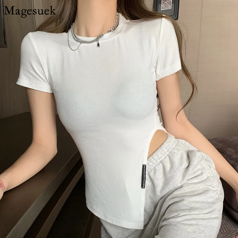 

Женская Асимметричная футболка с коротким рукавом, белая однотонная Повседневная футболка из хлопка с круглым вырезом, модель 13842 на лето