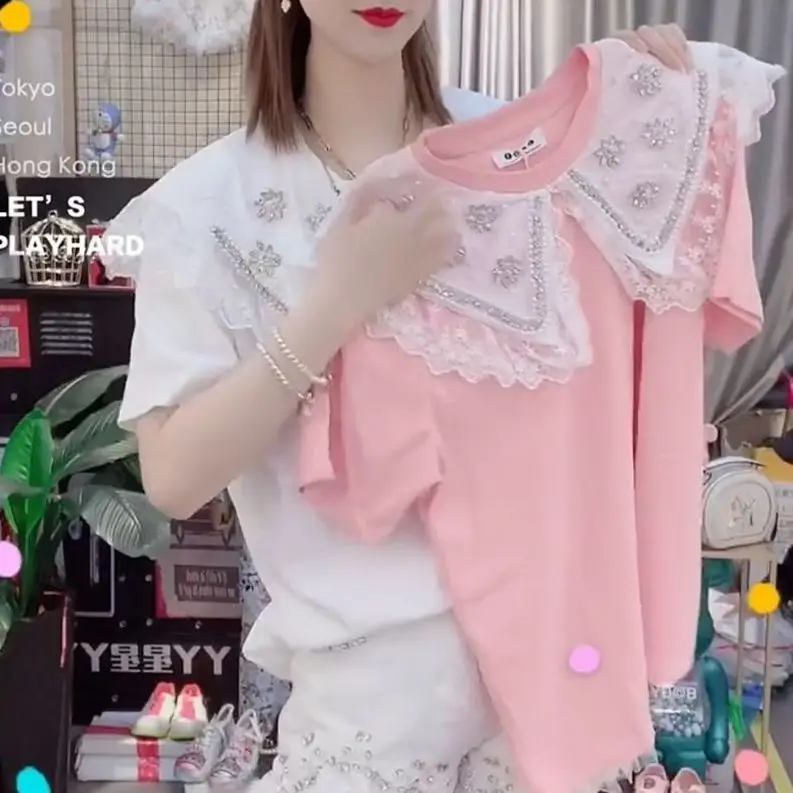 

Pure Cotton) Heavy Industry Beaded Diamond Doll Collar Stitching Short Sleeve T-shirt Women's Summer Design Western Style Top