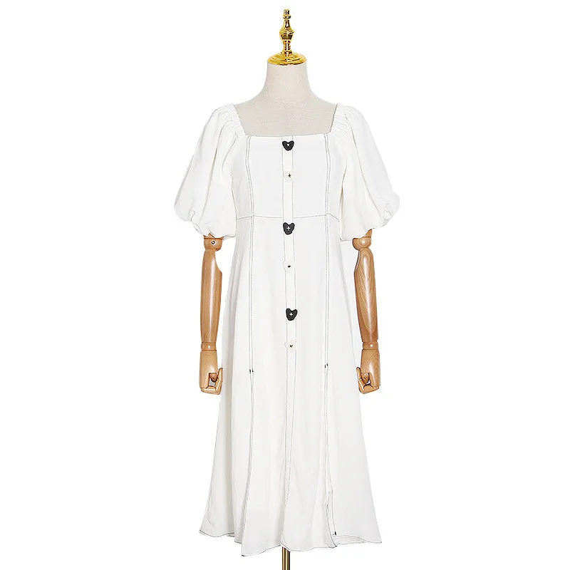 

Fashion square collar bubble sleeve high waist slim split long dress