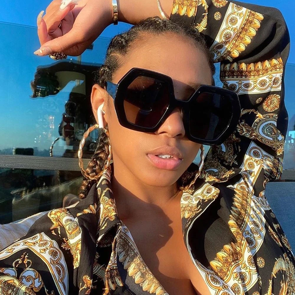 

Очки солнцезащитные женские многоугольные большие, винтажные брендовые дизайнерские модные солнечные очки с большой оправой, чёрные