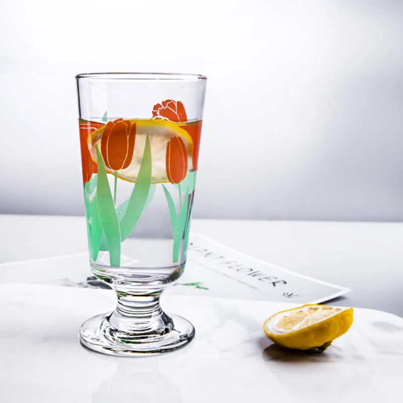 

220/320ml Flower Patterns Korean Tulip Daisy Wine Glass Juice Cup Printing Rose Cosmos Flower Creative Tumbler Kitchen Tools