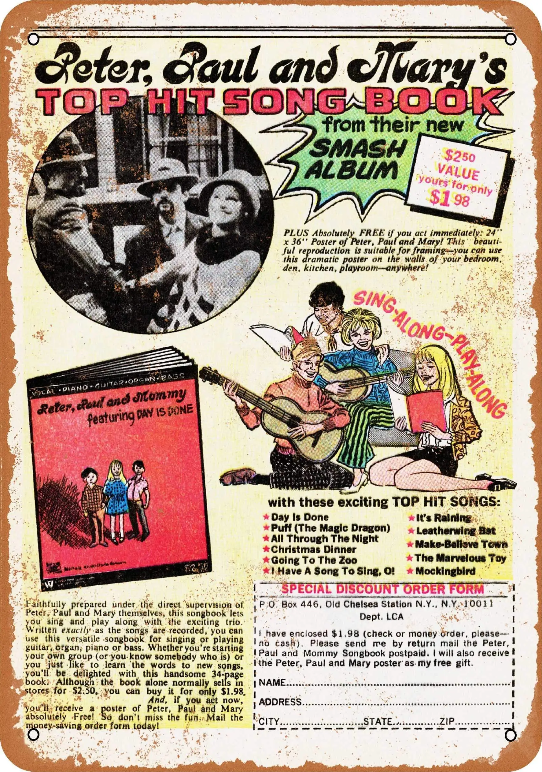 

SLALL 1970 Peter Paul and Mary Songbook Retro Street Sign Household Metal Tin Sign Bar Cafe Car Motorcycle Garage Decoration