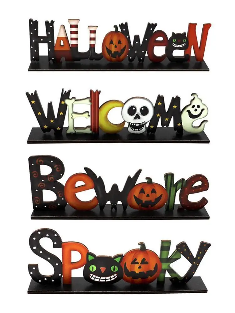 1pc Halloween Letters Wooden Table Decoration Cartoon Pumpkin Cat Boots Sign Backdrop Rustic Farmhouse Holiday Party Tier Tray