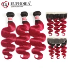 Омбре, красные пряди, с фронтальной волной тела, бург, 3 пряди, с 13х4 кружевной застежкой, фронтальные бразильские Remy человеческие волосы, плетение EUPHORI