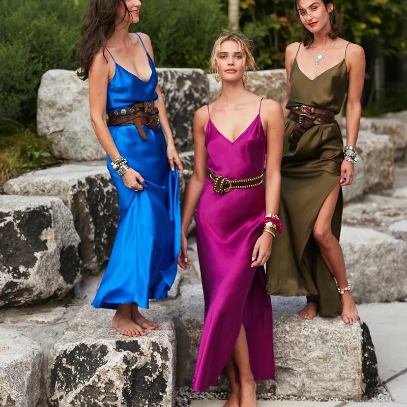 

Dress Women 2021 Sexy Satin V Neck Spaghetti Strap Sleeveless Dress Fashion Backless Side Split Solid Color Long Dresses