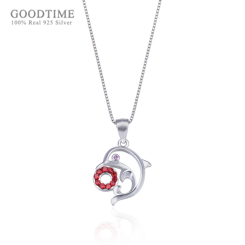 

Trendy Women Pure 925 Sterling Silver Necklaces Dolphin-studded Red Zircon Pendant Necklaces Chain Jewelry Accessory For Girl
