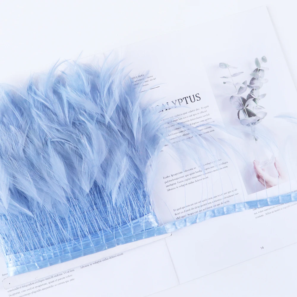 

Light Blue Stripped Rooster Hackle Chicken Feather Trim 4-6" feathers on Ribbon for DIY Clothing Dresses Decoration Plume Crafts