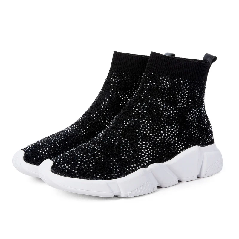 

Womens Rhinestones Crystal embroidered Floral Ankle Boots Knitting Stretchy Black Shoes Low Heel Pull On 4 Styles New 2022