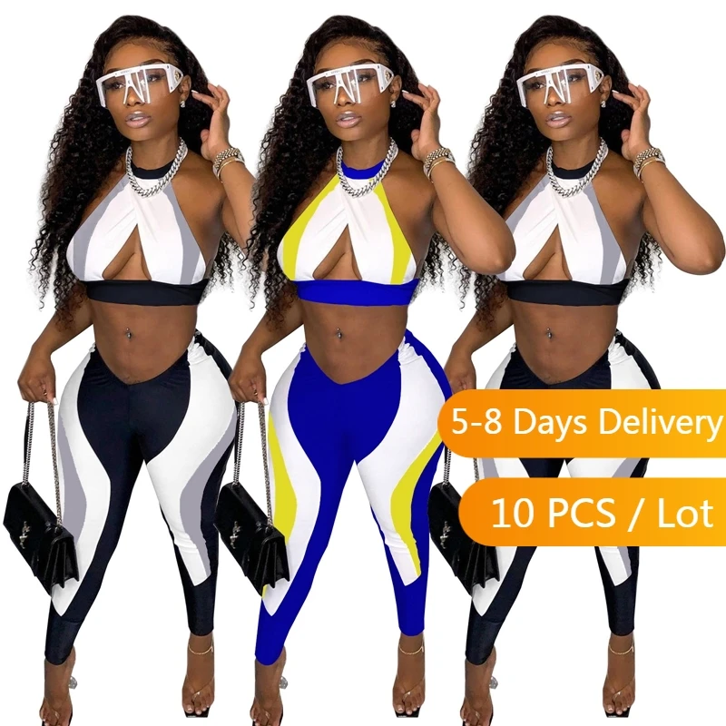 

Bulk Items Wholesale Lots Summer Sexy Tracksuit Women Sportwear Halter Crop Top Leggings Pants Set Color Patchwork Two Piece Set