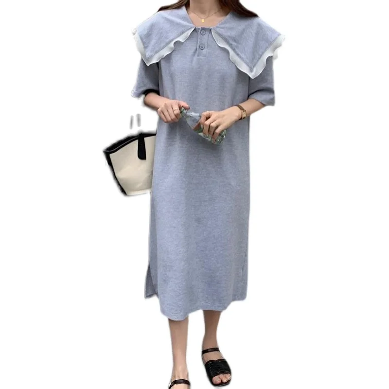 

Korean Summer Straight Long Dresses for Women 2021 Loose Split Casual Sundress Pullover Short Sleeve Vestido Midi Dress Elegant