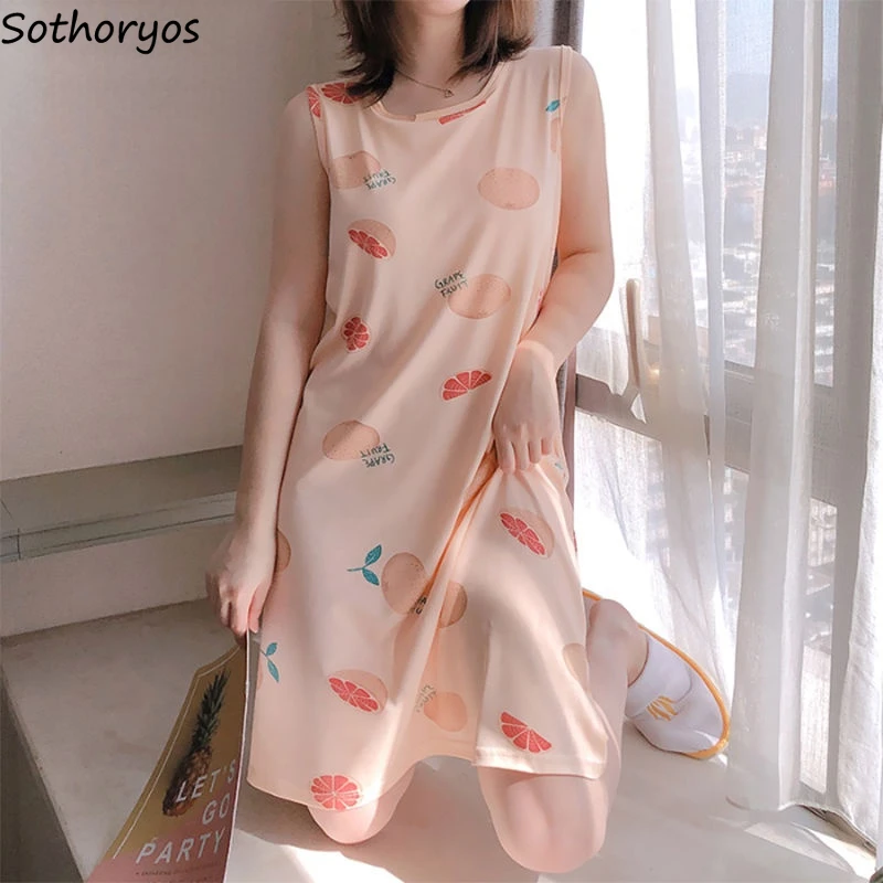 

Printed Nightgowns Women Lovely Sleeveless Cozy Loose Hoe Trendy Teenagers Sleepshirts Ulzzang High Quality Females Lounge Chic