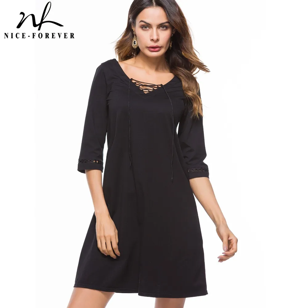 

Женское однотонное черное платье Nice-forever, Повседневное платье-халат с лентой, T018