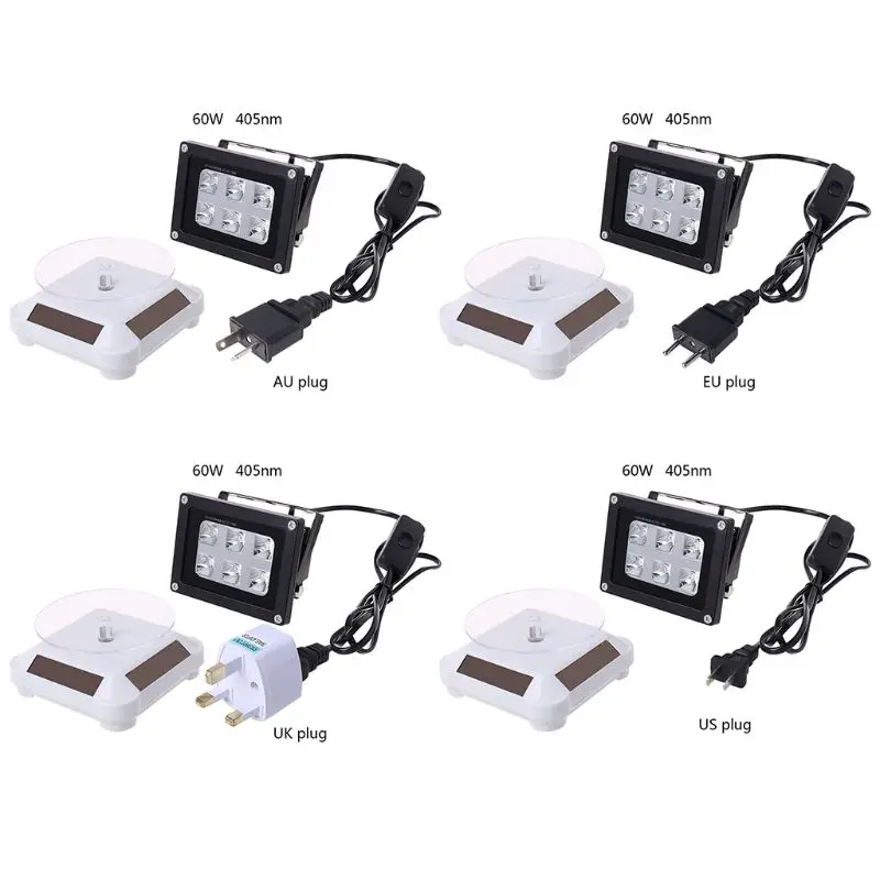 

New 100-260V 60W 405nm UV LED Resin Curing Light Lamp Solar Power Turntable US/UK/EU/AU Plug